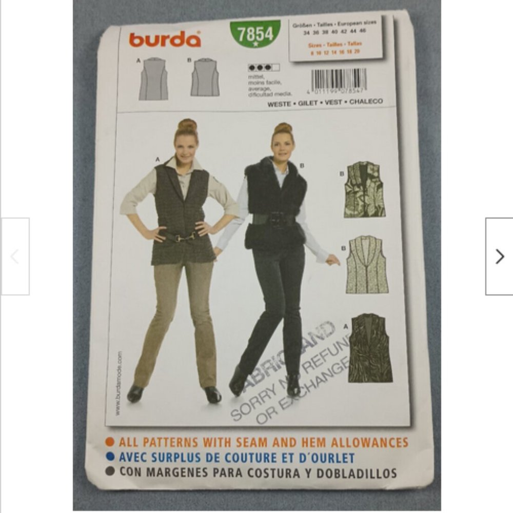 UNCUT Burda Pattern 7854 Quilted*Wool*Fake Fur Winter Fitted Vest collar Sz 8-20
